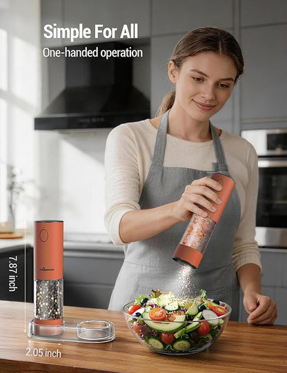 ThermoMaven Electric Salt and Pepper Grinder Set, 110ml Larger Rechargeable Automatic Salt and Pepper Mill Grinder with 6 Adjustable Coarseness, Electric Salt and Pepper Shakers, LED, Burnt Orange