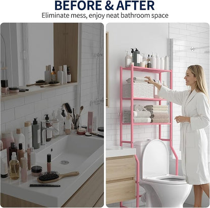 GloTika 3-Tier Over Toilet Storage Rack, Metal Over Toilet Bathroom Organizer Shelf, Freestanding Space Saver Storage Shelves for Bathroom/Laundry/Living Room (Pink)