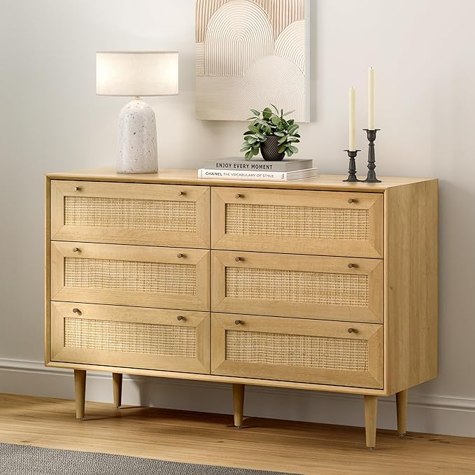Rattan 6 Drawer Dresser, Modern Closet Dressers of Drawers with Natural Rattan, Boho Dresser Chest, TV Stand of Drawers, Wood Storage Drawer Organizer for Bedroom Living Room Entryway Hallway