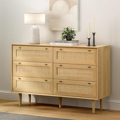 Rattan 6 Drawer Dresser, Modern Closet Dressers of Drawers with Natural Rattan, Boho Dresser Chest, TV Stand of Drawers, Wood Storage Drawer Organizer for Bedroom Living Room Entryway Hallway