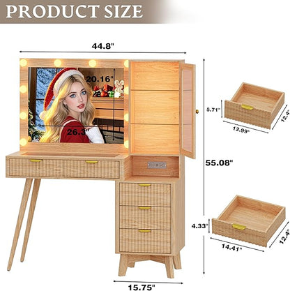 Fluted Vanity Desk with Mirror and Lights, 45" Glass Top Makeup Table Set with 5 Drawers, Power Outlet & Storage Cabinet, Large Dressing Table with RGB Ambient Light for Bedroom Women Girls, Oak