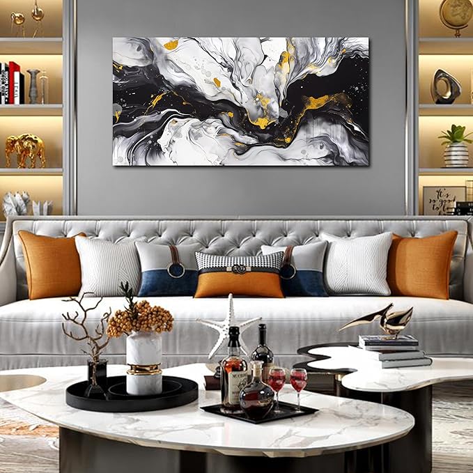 Alsingbago Large Abstract Canvas Wall Art for Living Room Bedroom Black and White Picture Ink and Wash Style Prints for Home Office Decoration Size 24x48 Ready to Hang