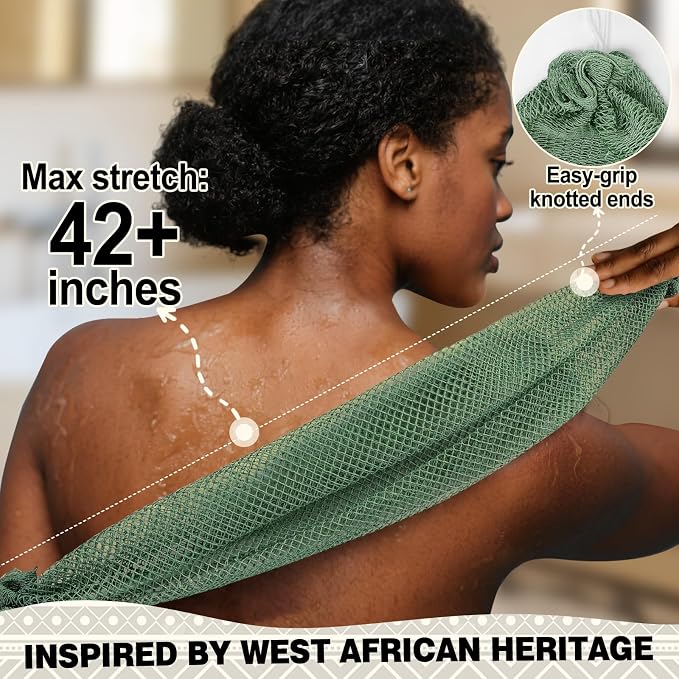 African Net Sponge Authentic-4 Packs African Exfoliating Net Sponge,Bath Sponges for Shower,42 inch Long for Normal to Sensitive Skin, for Daily use, Body Exfoliator Shower (Green,Pink,Blue,Grey)
