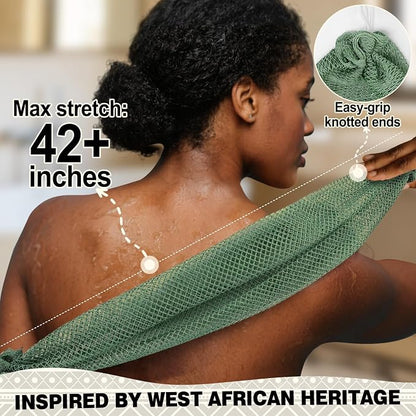 African Net Sponge Authentic-4 Packs African Exfoliating Net Sponge,Bath Sponges for Shower,42 inch Long for Normal to Sensitive Skin, for Daily use, Body Exfoliator Shower (Green,Pink,Blue,Grey)