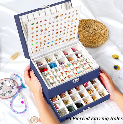 QBestry Earring Jewelry Box for Women Girls Stud Organizers, 5 Layers Navy Jewelry Organizer Box with Lock Necklaces and Earrings Holder Jewelry Box with Earring Organizer for Women Girls Xmas Gifts