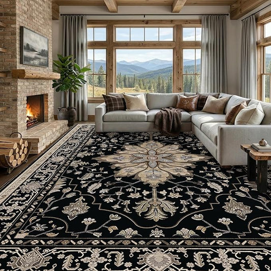 RELEANY Area Rugs Large 10'x12' Washable Non-Slip, Floral Vintage Distress Medallion Carpet for Living Room Bedroom Dining Room, Black Brown Neutral Dark Tan