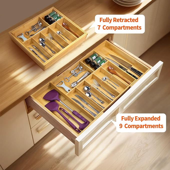 Utoplike Extra Large Kitchen Drawer Organizer, Expandable Solid Bamboo Drawer Holder for Utensils, Silverware, Flatware, 7-9 Slots Cutlery Tray