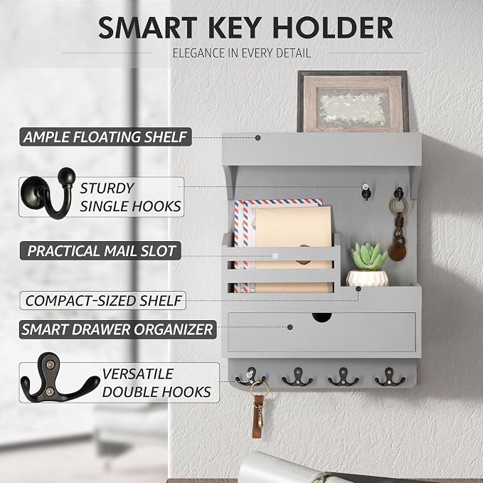Rebee Vision Wooden Key Holder Wall Mount with Drawer Organizer – Modern Mail and Key Organizer for Wall Featuring 6 Robust Hooks & a Floating Shelf – Trendy Home Decor Solution (Gray)