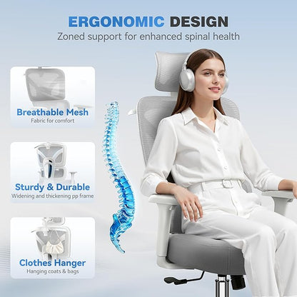 Ergonomic Office Desk Chair, High Back Mesh Office Chair with Adjustable Lumbar Support, 3D Headrest, Big and Tall Home Computer Desk Chairs Comfy for Work, Gaming, 300lbs, Gray