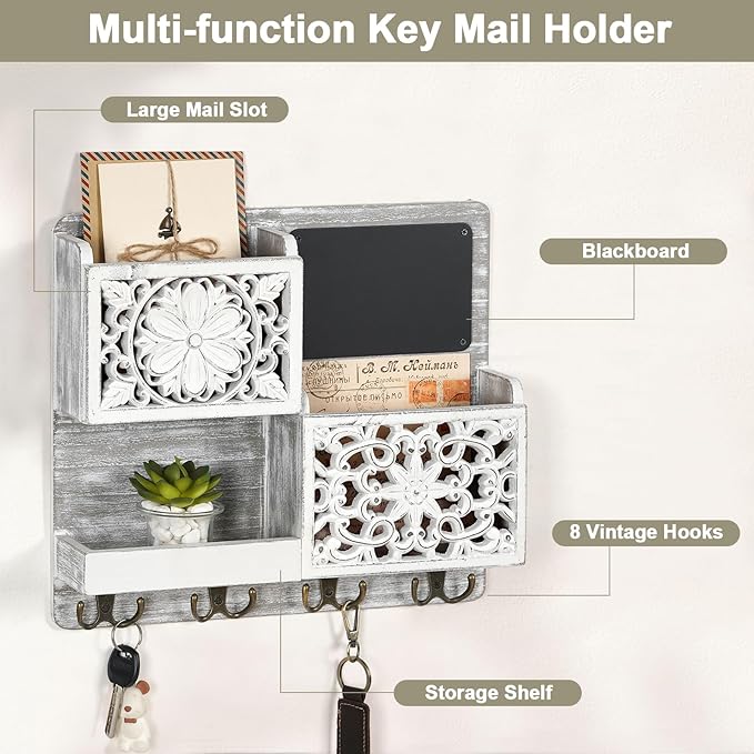 Mail Organizer Wall Mounted, 2 Slots Key Holder for Wall with 8 Hooks, Rustic Wood Key Rack with Shelf for Entryway Hallwall Farmhouse