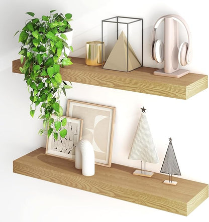 Fun Memories Floating Shelves for Wall, 32Inch Floating Shelves Set of 2, Hanging Shelf with Invisible Brackets, Wood Shelves for Living Room, Bedroom, Kitchen, Oak