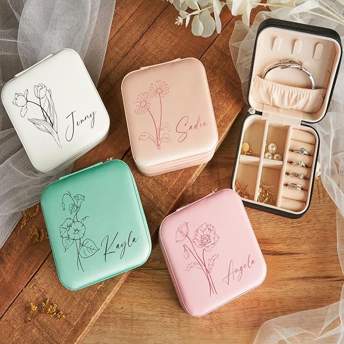 Custom Jewelry Box, Traveling Jewelry Case Leather Mini Jewelry Case with Name & Birth Flower Personalized Mothers Day Gifts, Birthday Gifts, Wedding Gifts for Women Mom Wife Girls