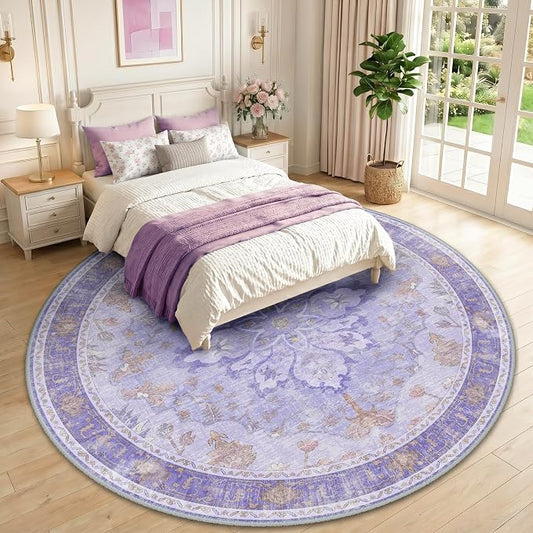 RELEANY Area Rugs Round 10ft Washable Non-Slip, Floral Vintage Distress Medallion Carpet for Living Room Bedroom Dining Room, Light Purple Brown