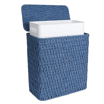 iEGrow Paper Rope Trash Can,Bathroom Trash Can with Lid, 3 Gallon Wicker Waste Basket with Removable Liner, for Bedroom, Living Room, Toilet, Under Sink Blue