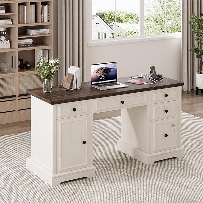 Vipbear 59" Executive Desk, Farmhouse Computer Desk with Drawers, Lockable File Drawer, Storage Cabinet & Power Outlet, Rustic Home Office Desks, Workspace for Work Study Writing, White
