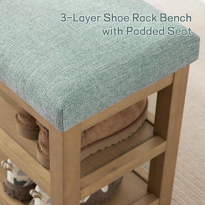 Shoe Rack Bench with Cushion, 2 Tier Solid Wood Storage Bench, Mid-Century Modern Shoe Bench for Entryway, Hallway, Closet, Front Door Entrance, Foyer (Teal, 46.5")