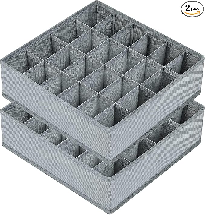 joyoldelf Sock Drawer Organizer Divider 2 Packs Underwear Organizer, 24 Cell Closet Organizers and Storage Organizer Sock Holders Organizers for Storing Socks, Handkerchiefs, Ties, Belts (Grey)