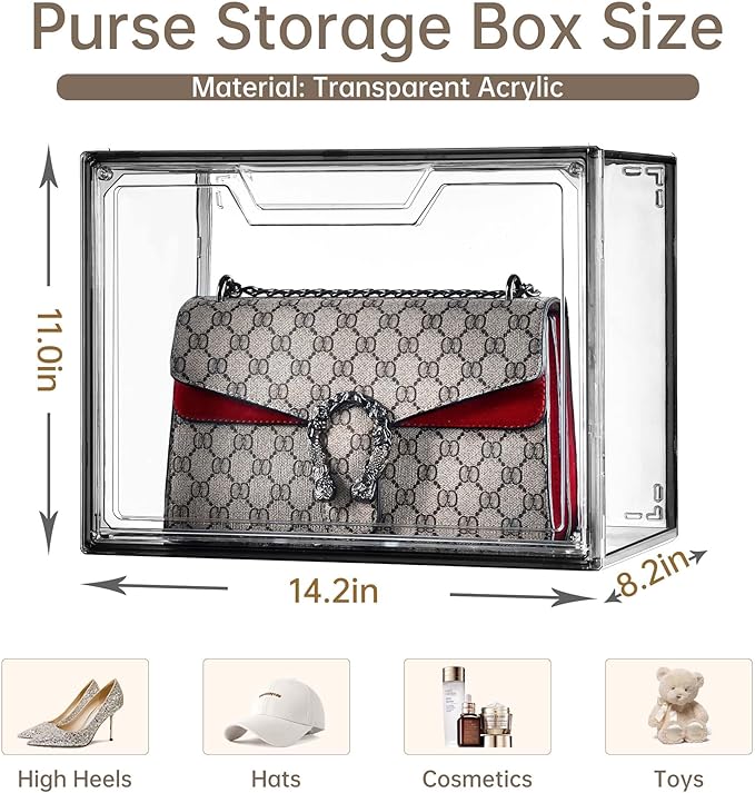 Purse Organizer for Closet,Clear Acrylic Display Case for Handbag Organizer, Purse Storage Box with Magnetic Door, Dustproof Storage Bins for Book, Collectibles, Cosmetic (Grey, 5)