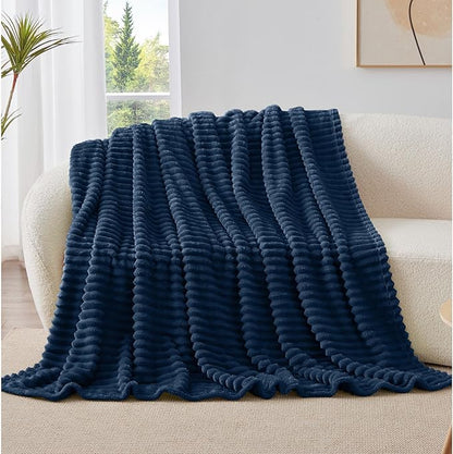 BEDELITE Fleece Throw Blanket for Couch - 300GSM Soft & Warm Fluffy Navy Blanket, Decorative and Giftable Striped Blankets for Women, Men, 50"x60"