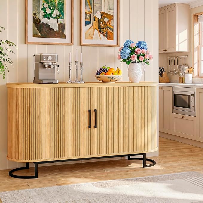 54.3" Sideboard Buffet Cabinet with Storage, Buffet Cabinet with Sliding Door & Adjustable Shelf, Modern Sideboard Cabinets for Kitchen, Living Room, Entryway, Oak