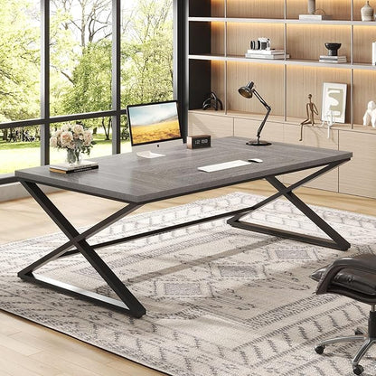 IBF Extra Large Desk, 78.7” Long Home Office Computer Desk, Simple Wide Work Desks for Writing Study in Bedroom, Industrial Wood Metal Game Desks Executive Workstation Conference Table, Light Grey Oak