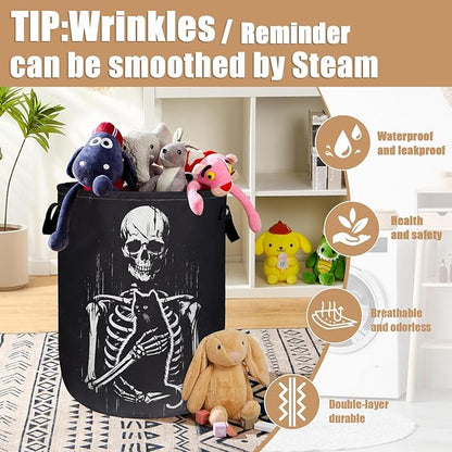 Funny Skull Black Cat Laundry Basket, Foldable Waterproof Laundry Hamper Tote Bag Dirty Clothes Storage Bucket Toy Organizer for Bathroom/Laundry/Bedroom 15.7"x19.6"