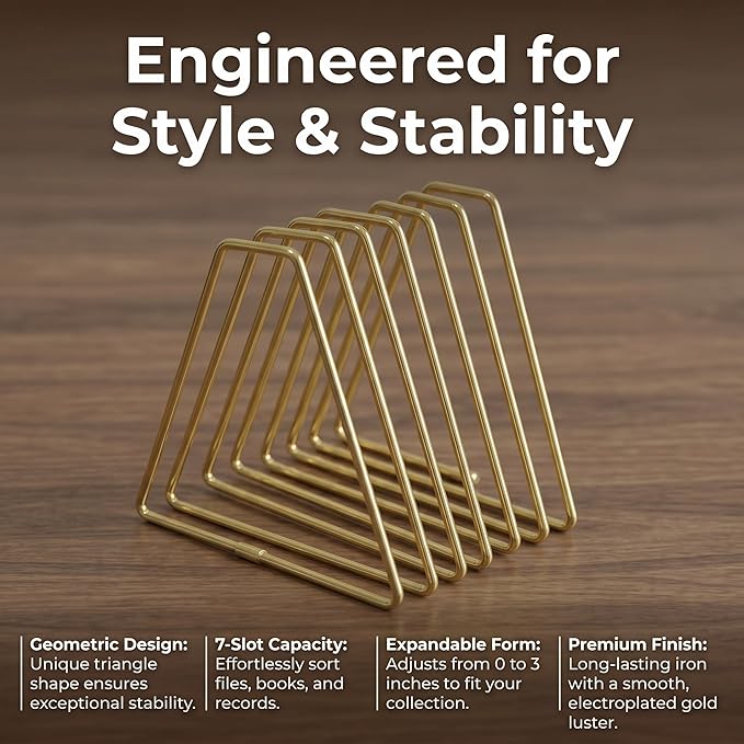 Gold Expandable Bookends, 7-Section, 2"-15.7" | 7 Slot Adjustable Book Rack, Telescoping Desktop Organizer, Metal Magazine Vinyl Record Stand, For Office Home Decor
