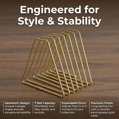 Gold Expandable Bookends, 11-Section, 2"-23.6" | 11 Slot Extra Large Book Rack, Telescoping Desktop Organizer, Metal Construction, For Magazine Vinyl Record Stand
