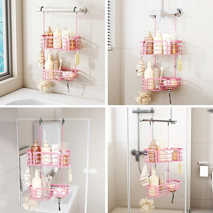 SWTYMIKI Shower Caddy Hanging Organizer - Over the Door Shower Caddy with Soap Holder, 11 Hooks, 2 Installation Ways, Stainless Steel Rustproof Bathroom Organizer, Pink