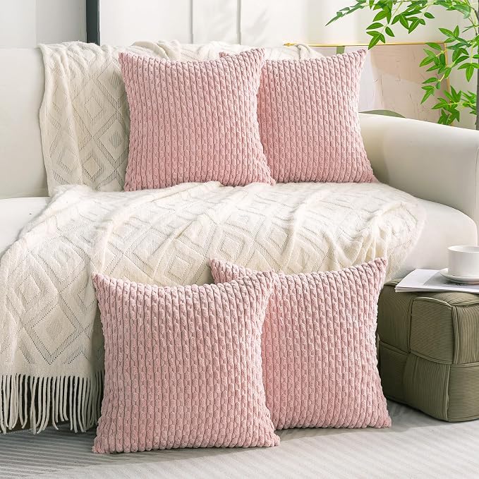 Set of 4 Light Pink Decorative Throw Pillow Covers 20x20 Inch Corduroy Pillow Covers for Bed Couch Sofa Living Room Soft Square Cushion Cases