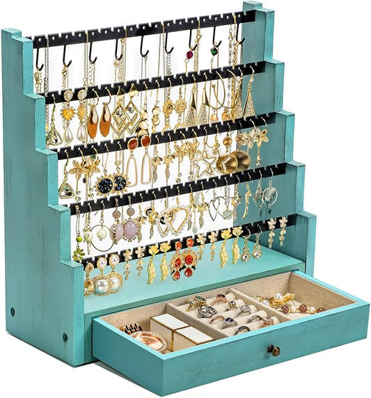Pinzoveco Earring Organizer, 5 Layer Earring Holder Organizer with Necklace Holder Pole, Rustic Wood Jewelry Organizer Stand Display for Stud Earring Bracelet Necklace Ring, 175 Earring Holes
