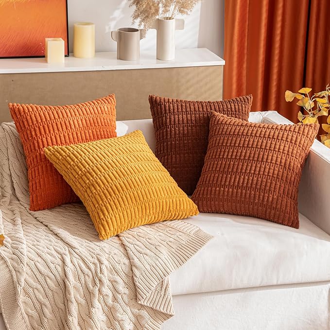 MIULEE Pack of 2 Dark Rust Corduroy Decorative Pillow Covers 12x12 Inch Soft Boho Striped Throw Pillow Covers Modern Farmhouse Home Decor for Summer Sofa Living Room Couch Bed