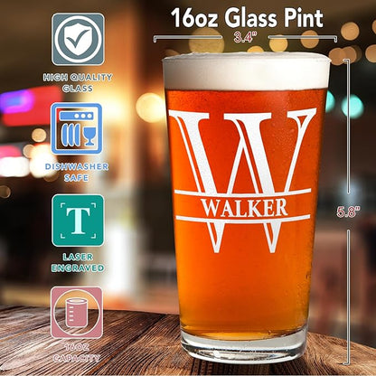 Cuptify Personalized Beer Glasses Set of 8 Elaborate Circle Monogram Laser Engraved 16 oz Pint Drinking Glasses Customized Mug Birthday Gift for Men and Women