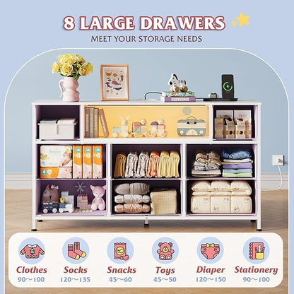 WLIVE Purple Dresser TV Stand for 45, 50, 55 inch TV, Entertainment Center with LED Lights & Charging Station, Chest of Drawers with 8 Fabric Drawers and Open Shelves for Living Room, Hallway