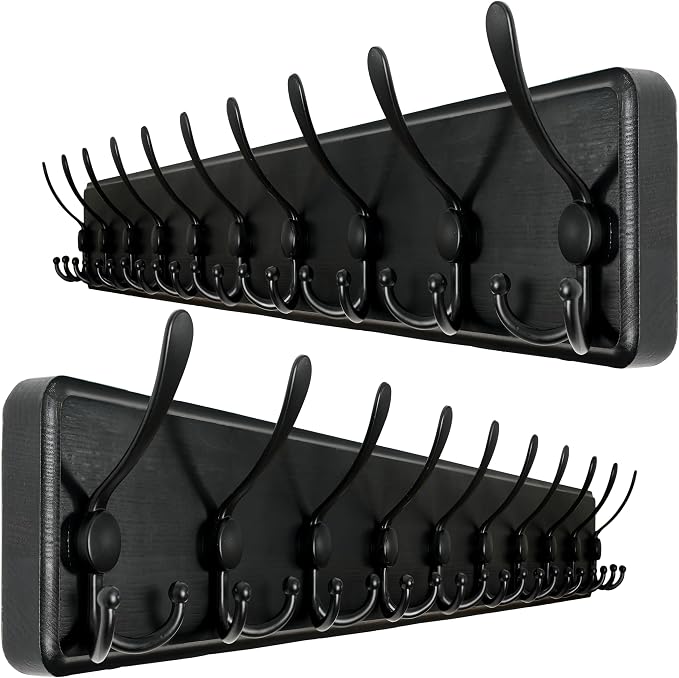 WEBI Coat Rack Wall Mount,38 9/16" Long,10 Tri Hooks for Hanging Coats,16" Hole to Hole,Wood Coat Hooks Wall Mounted,Wall Coat Hanger for Clothes,Jacket,Hats,Rustic Black,2 Packs