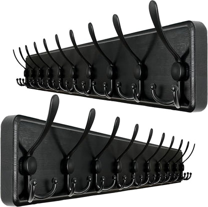 WEBI Coat Rack Wall Mount,38 9/16" Long,10 Tri Hooks for Hanging Coats,16" Hole to Hole,Wood Coat Hooks Wall Mounted,Wall Coat Hanger for Clothes,Jacket,Hats,Rustic Black,2 Packs
