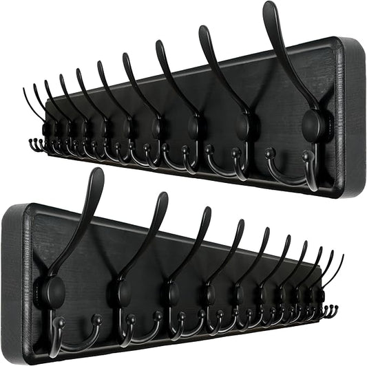 WEBI Coat Rack Wall Mount,38 9/16" Long,10 Tri Hooks for Hanging Coats,16" Hole to Hole,Wood Coat Hooks Wall Mounted,Wall Coat Hanger for Clothes,Jacket,Hats,Rustic Black,2 Packs