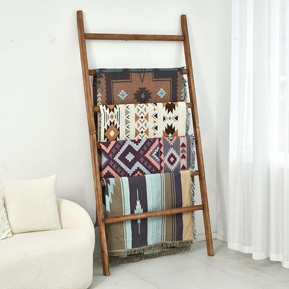 FUIN Extra Wide 6.4ft Wooden Blanket Ladder Living Room Decorative Wal Leaning Farmhouse Quilt Display Holder Rustic Wood Towel Rack for Bathroom, Brown, 38 inch Wide