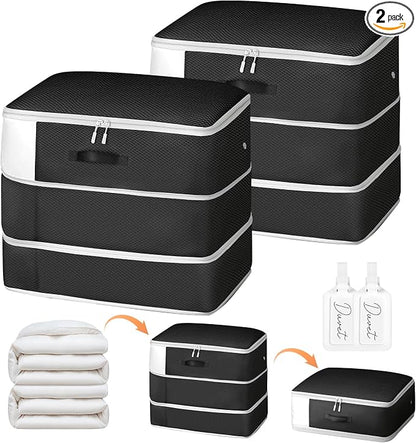 Comforter Storage Bag - Large Capacity Blanket Storage Bags 3-Layer Ultra Space Saving Self Compression Organizer, Washable Compression Bags for Storage Comforter Blanket, 2-Pack, Black