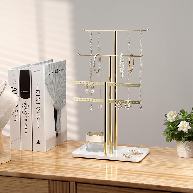 pickpiff Jewelry Stand Holder Organizer: 14.5" Sturdy Hanger for 80 Pcs Jewelry, Jewlery Tower for Display Necklace, Earring, Bracelet, Watch, Mirrored Gold