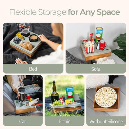 Silicone Couch Cup Holder Tray – Handy Silicone Acacia Couch Caddy with Cup Holder & Phone Stand – Waterproof Anti-Spill Snack & Bed Caddy Organizer Sofa Tray for Drinks, Snacks, & Remotes (Gray)