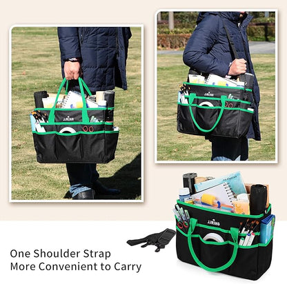 Large Multi-Functional Carrying Bag, 600D Nylon Artist Tote Bag with 16 Pockets Caddy for Art, Craft, Sewing, Make-up or School, Medical, Office Supplies Organizer, Green