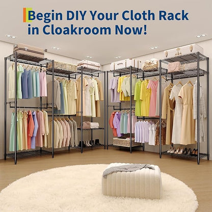 4-Tier Heavy Duty Clothes Rack, 1430LBS Load, Sturdy Metal Garment Rack with Wire Shelves, Multi-Functional Wardrobe Closet with Hanger Rods for Hanging Clothes, 15.5" D x 67.6" W x 76.5" H