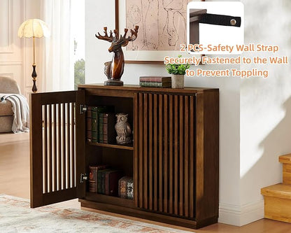 LKTART Mid Century Modern Sideboard Buffet Cabinet, Narrow Credenza Storage Cabinet with 2 Doors,Media Console Table for Living Room,Entryway,Hallway-Walnut