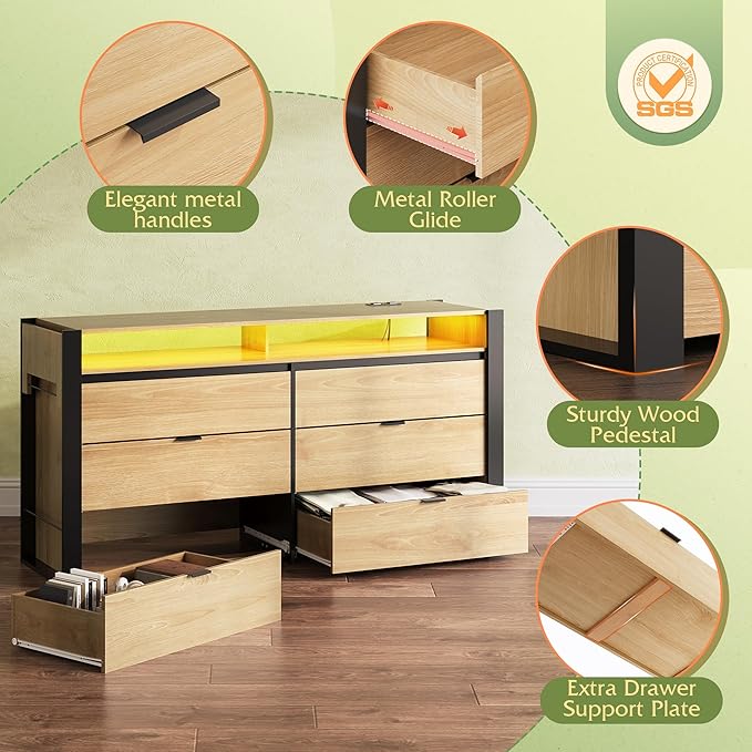 WLIVE 78 Inch LED Dresser for Bedroom, Wood Dresser with Charging Station, Large Chest of Drawers Expandable with Flexible Shelves and Hanging Rack, for Closet, Living Room (85" TV), Light Oak