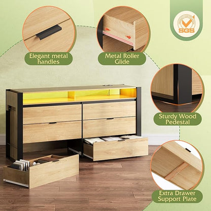 WLIVE 78 Inch LED Dresser for Bedroom, Wood Dresser with Charging Station, Large Chest of Drawers Expandable with Flexible Shelves and Hanging Rack, for Closet, Living Room (85" TV), Light Oak