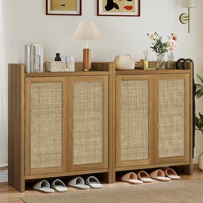 Boho 2 Doors Shoe Storage Cabinet for Entryway, Farmhouse Wooden Shoe Organizer for Front Door Entrance Hallway, Zapatero Organizador Rattan Shoes Cabinet (Oak, 2 Doors, 2 PCS)