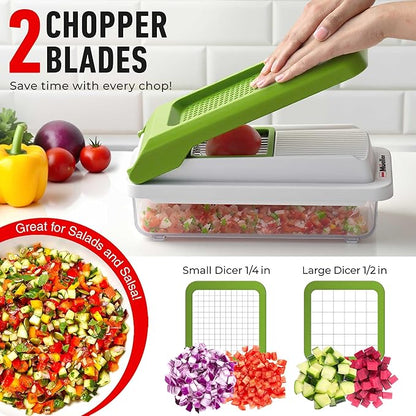 Mueller Vegetable Chopper, Mandoline Slicer, Food Veggie Chopper, Cheese Grater, Onion Vegetable Cutter with Container, Dicer, Kitchen Gadgets & Essentials, White Sand/Green