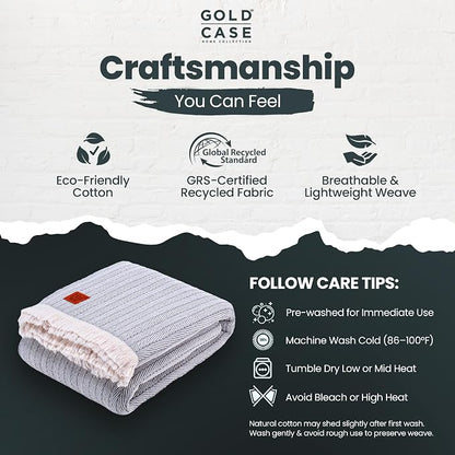 Gold Case Throw Blanket for Bed - 100% Recycled Turkish Cotton Blanket - Vintage Lightweight Soft Throw Blankets for Bed & Living Room - Queen Size Cozy Blankets - 90x90 - Grey