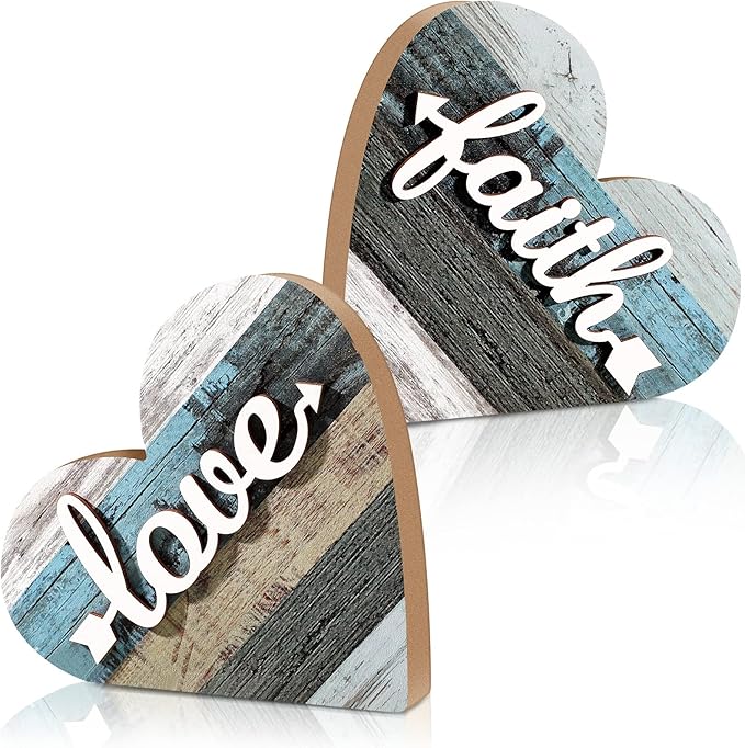 Jetec 2 Pcs Rustic Table Decorations for Living Room Home Decor Farmhouse Valentines Day Centerpiece Small Love Wooden Heart Decor for Dining Room Shelf Valentines Gift Decoration(Love Style)